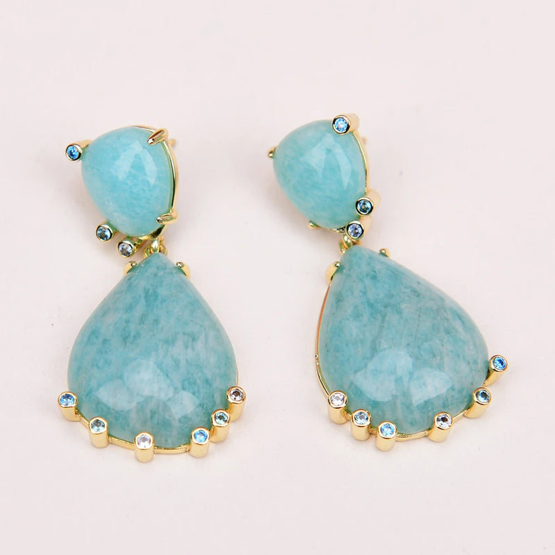 Gold Plated Amazonite Teardrop Dangle Earrings for Women