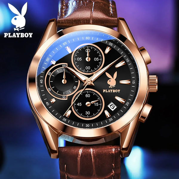 Stainless Steel Leather Strap Chronograph Luminous Quartz Watch for Men