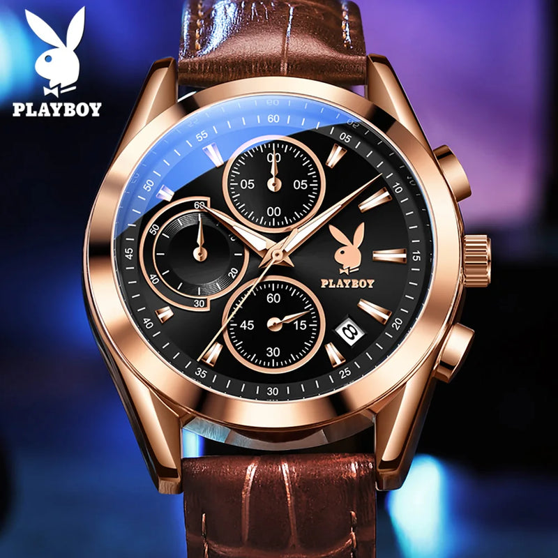 Stainless Steel Leather Strap Chronograph Luminous Quartz Watch for Men