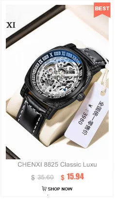 Stainless Steel Leather Strap Automatic Skeleton Luminous Waterproof Watch for Men