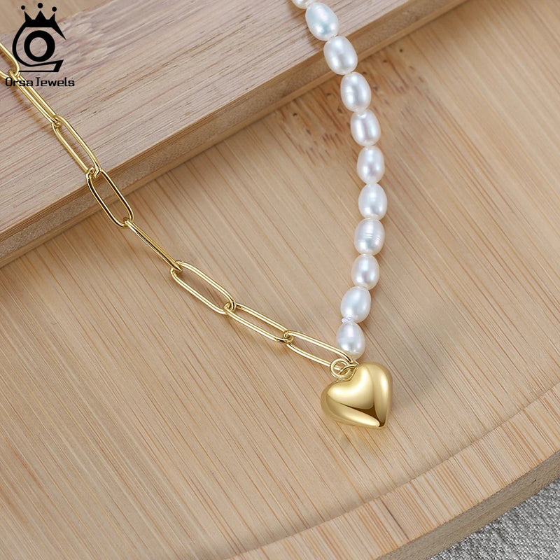 14K Gold Freshwater Pearl Sweet Heart Pendant Choker Necklace for Female