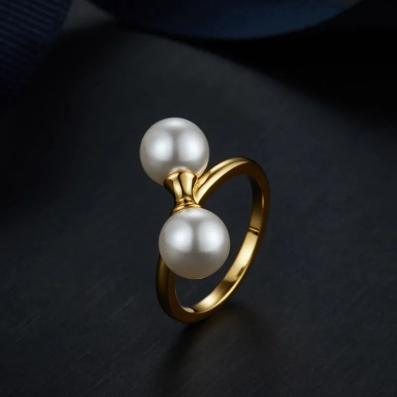 Sterling Silver Gold-Plated Shell Pearl Double Bead Ring for Women