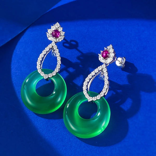 Wong Rain Elegant Vintage 925 Sterling Silver 20MM Green Jade High Carbon Diamond Gemstone Drop Earrings Fine Jewelry for Women