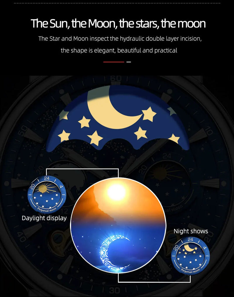 Stainless Steel Milky Way Moon Phase Hollow Flywheel Mechanical Watch for Men