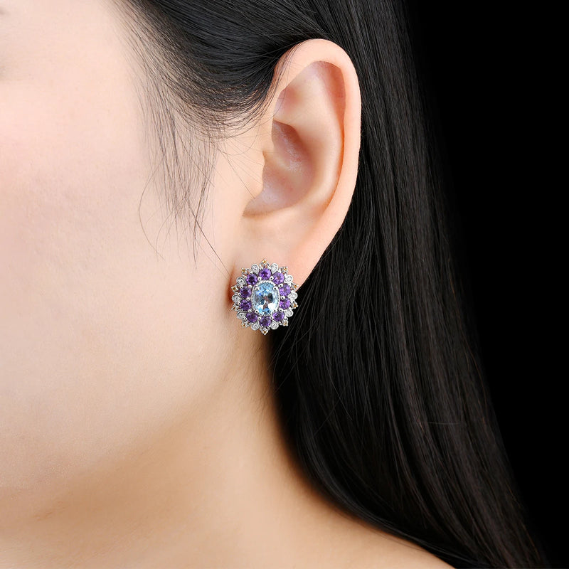 Sterling Silver Blue Topaz Amethyst Stud Earrings 5.5 ctw for Women