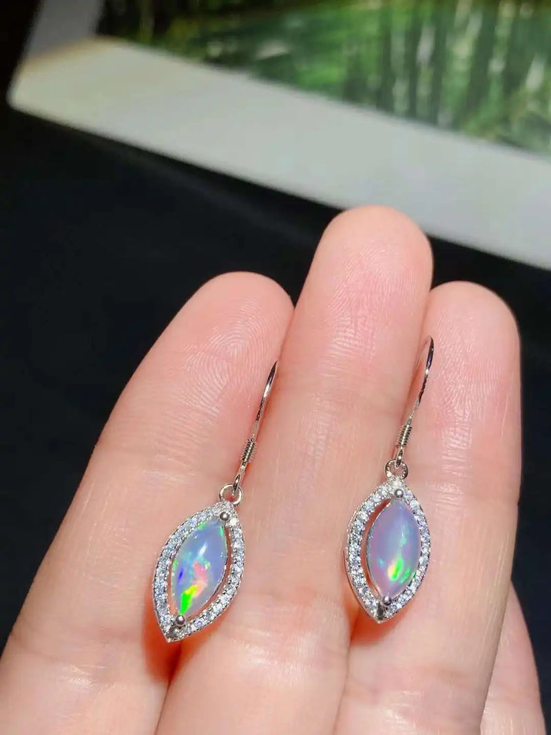 925 Silver Natural Opal Marquise Drop Earrings for Women