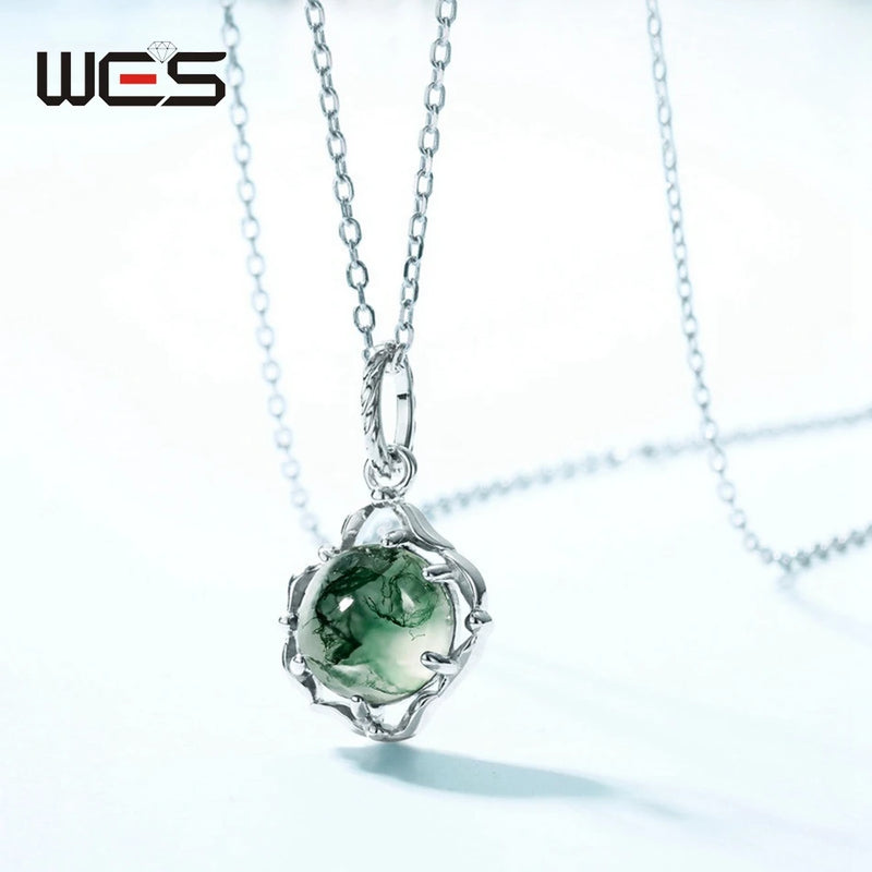 925 Sterling Silver Moss Agate Pendant Necklace for Woman