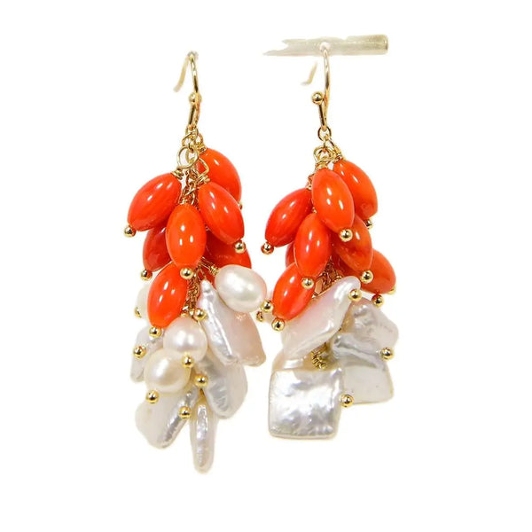 Sterling Silver Natural White Cultured Keshi Pearl and Orange Rice Coral Hook Earrings For Women