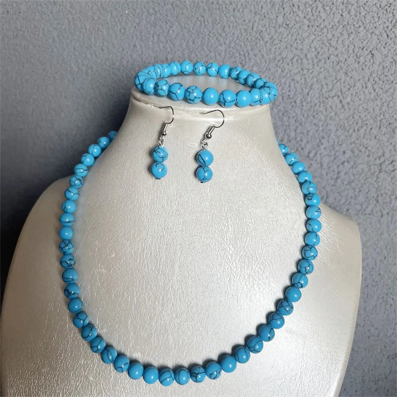 Sterling Silver Black Line Blue Turquoise Natural Stone Jewelry Set for Women