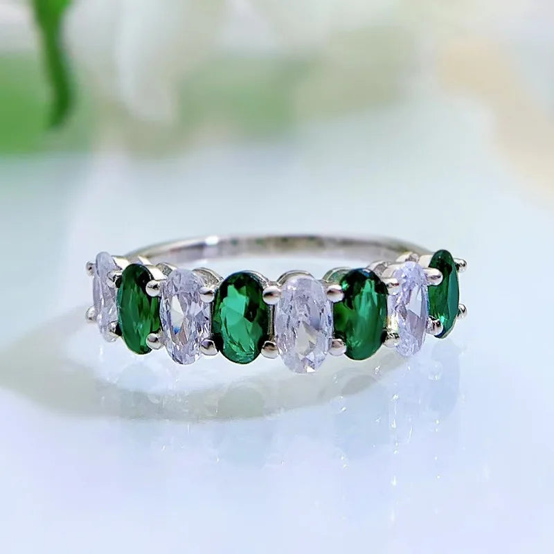 925 Sterling Silver Half Eternity Ring with Emerald Cubic Zirconia for Women