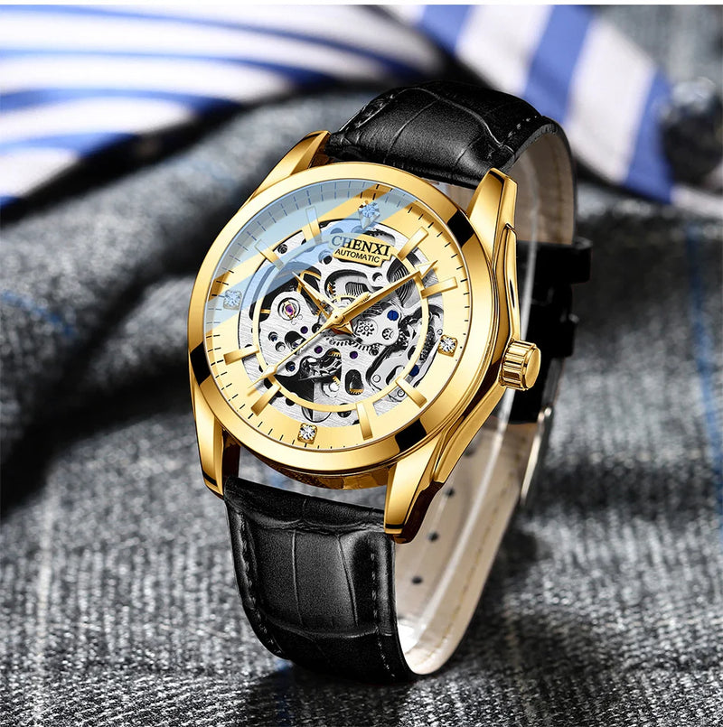 Stainless Steel Leather Strap Automatic Skeleton Luminous Waterproof Watch for Men