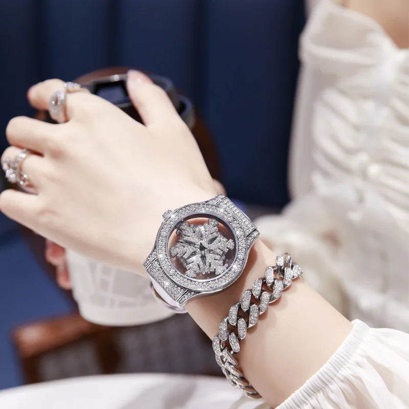 Silver Leather Snowflake Hollow Diamond Watch for Women