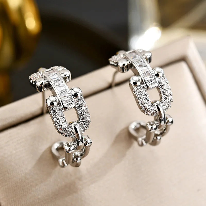 Silver White Zircon Sparkle Clip Earrings for Woman