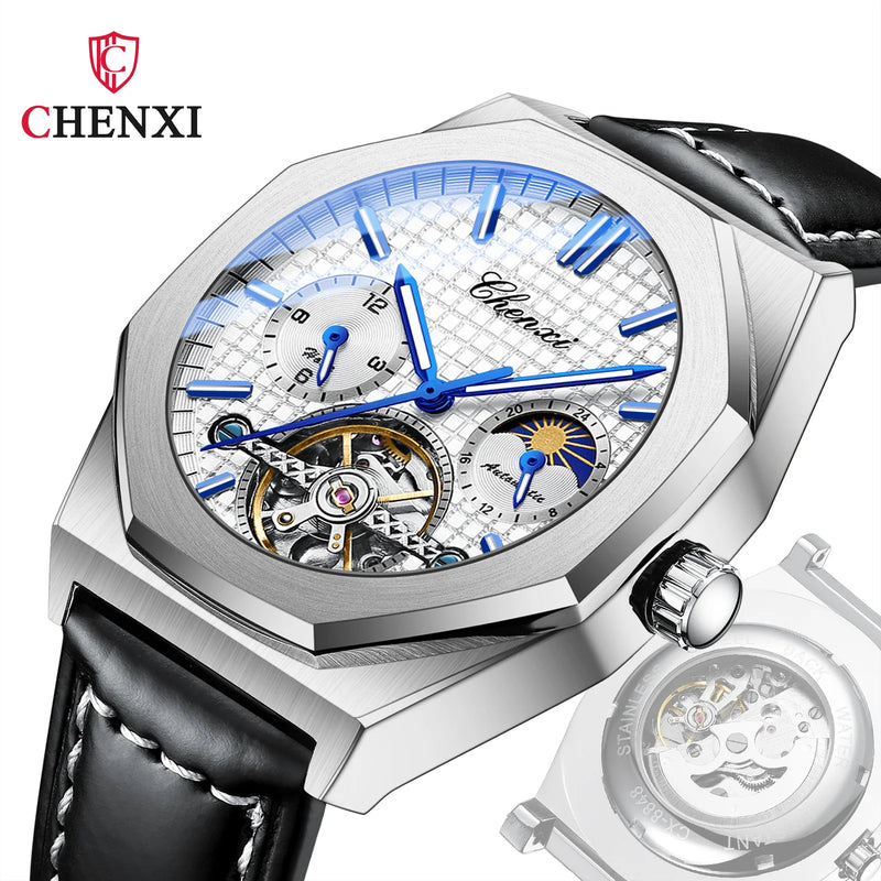 Stainless Steel Sun Moon and Stars Luminous Mechanical Watch for Men