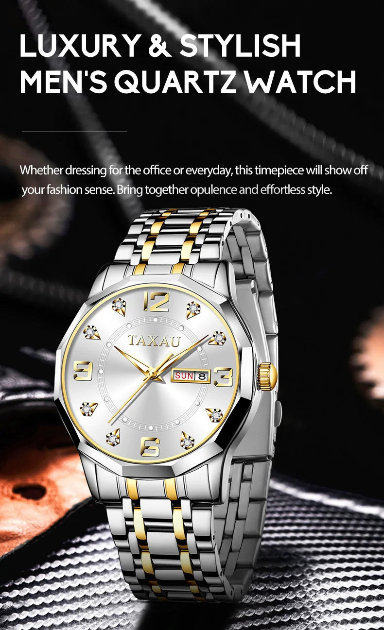 Stainless Steel Quartz Watch, Waterproof for Men