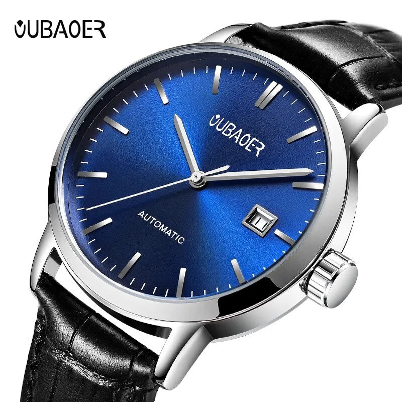 Stainless Steel Leather Strap Automatic Mechanical Wristwatch for Men