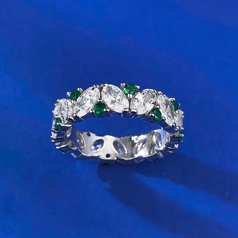 925 Sterling Silver Lab Sapphire & Emerald Oval Gemstone Row Ring for Women