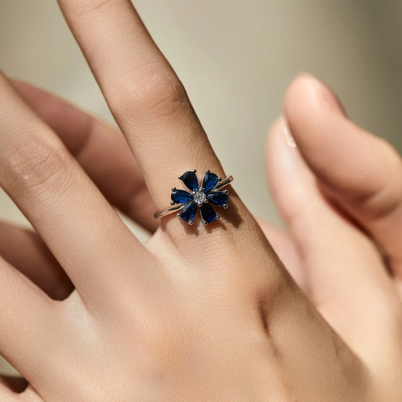 Sterling Silver Blue Water Drop Flower Ring for Women