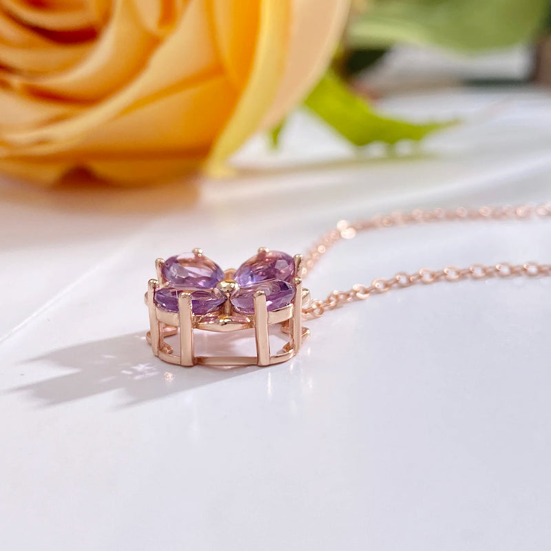 18k Rose Gold Plated Amethyst Geometric Flower Pendant Necklace for Women