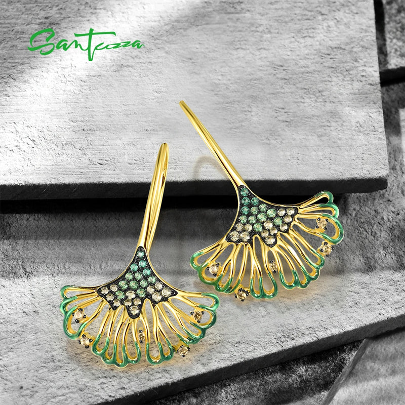 Sterling Silver Green Spinel Leaf Earrings for Women