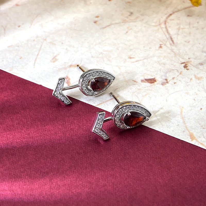 925 Sterling Silver Water Drop Garnet Stud Earrings for Women