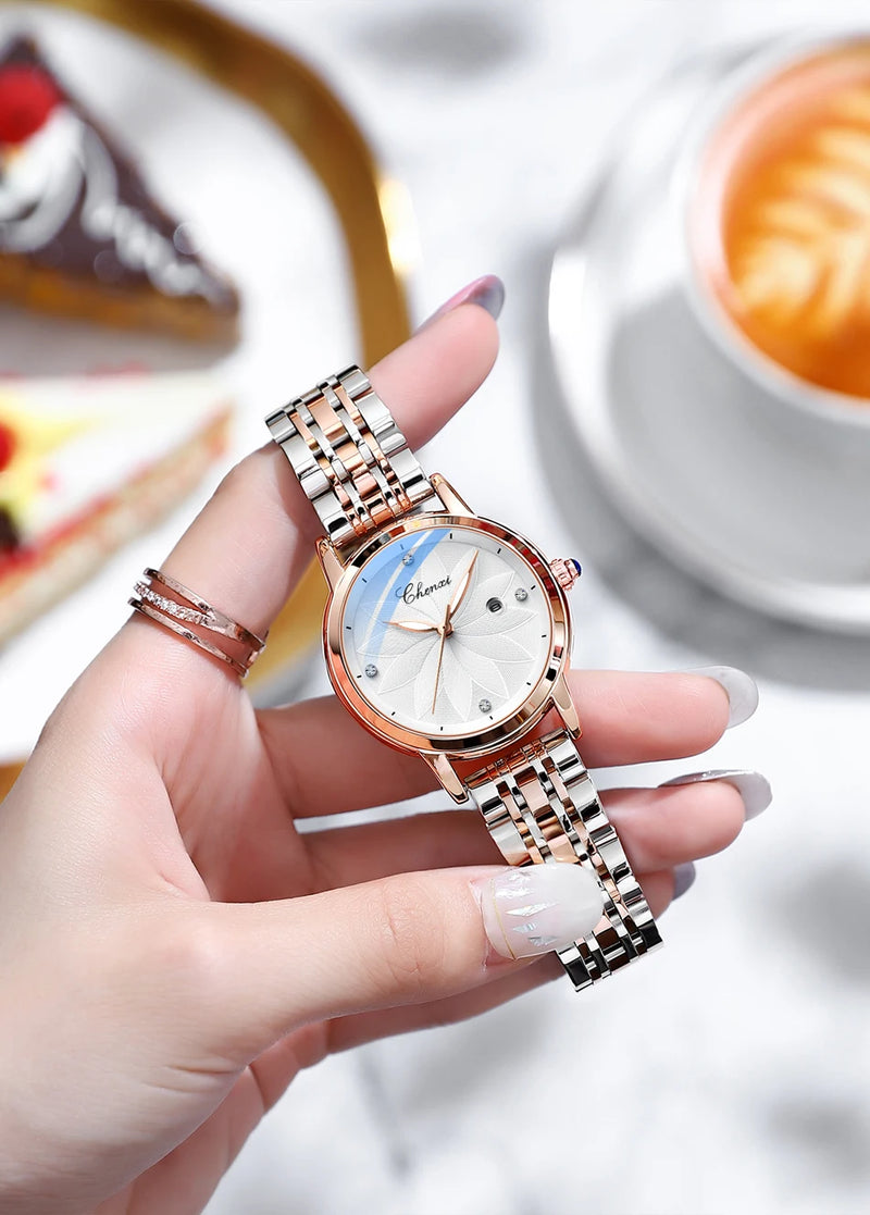 Stainless Steel Quartz Women's Watch with Flower Dial