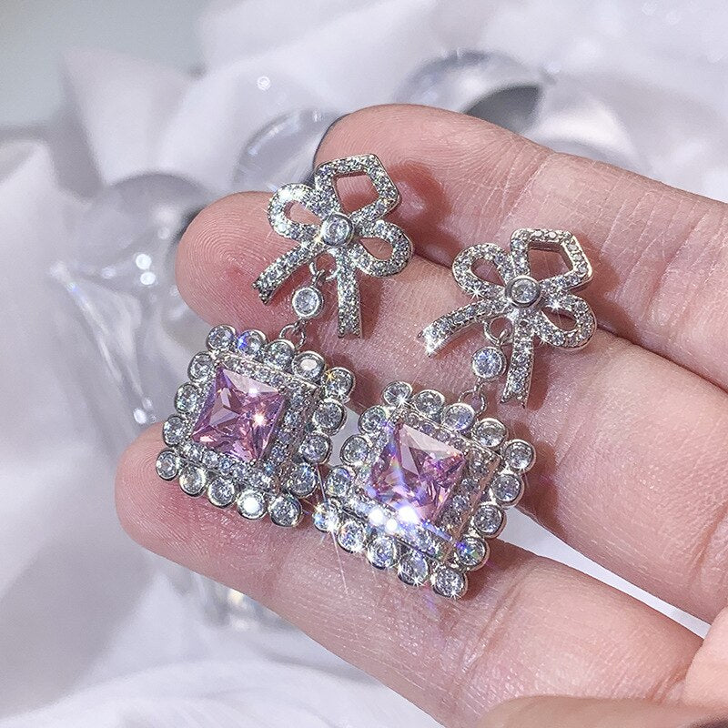 925 Silver Pink Diamond (Square Inlaid) Bow Earrings for Women