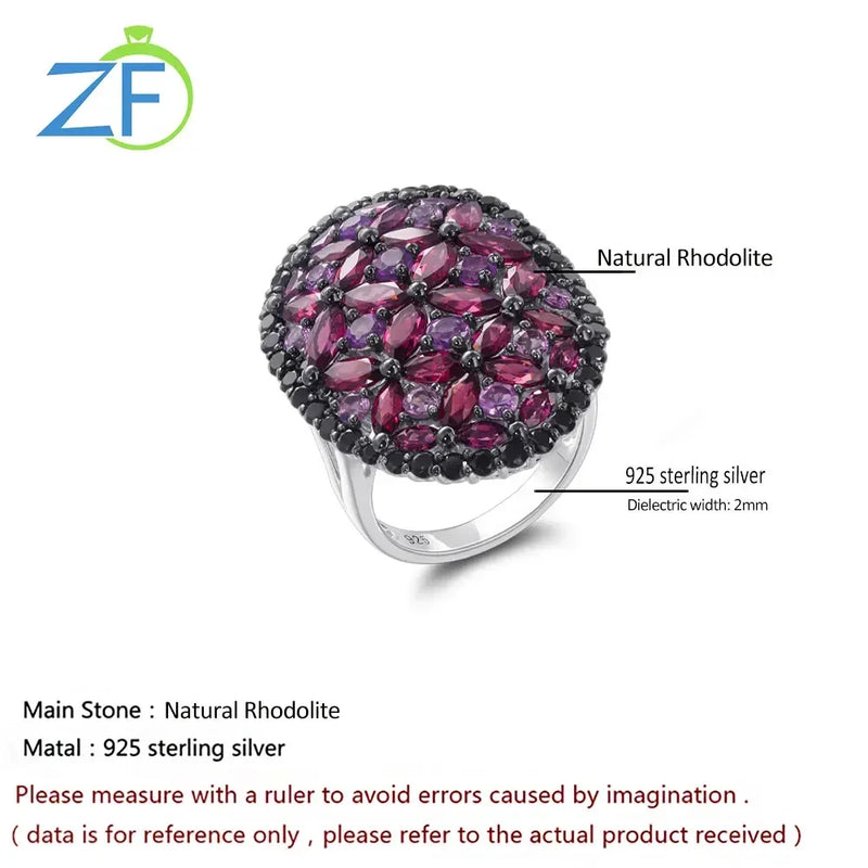 925 Sterling Silver Amethyst Rhodolite Black Spinel Gemstone Ring for Women