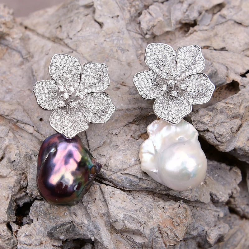 Gold Plated White Baroque Keshi Pearls & Zircon Flower Stud Earrings for Women