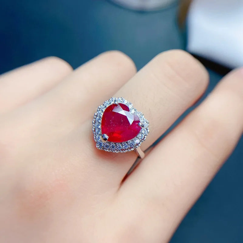 925 Sterling Silver Natural Real Ruby Heart Shape Ring for Women