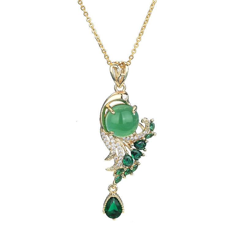 Gold Wind Green Crystal Phoenix Necklace with Chalcedony Pendant for Women