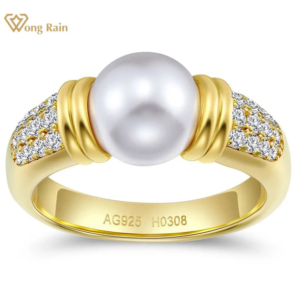 Wong Rain Vintage 18K Gold Plated 925 Sterling Silver Pearl High Carbon Diamond Gemstone Fine Women Ring Jewelry Wedding Gifts