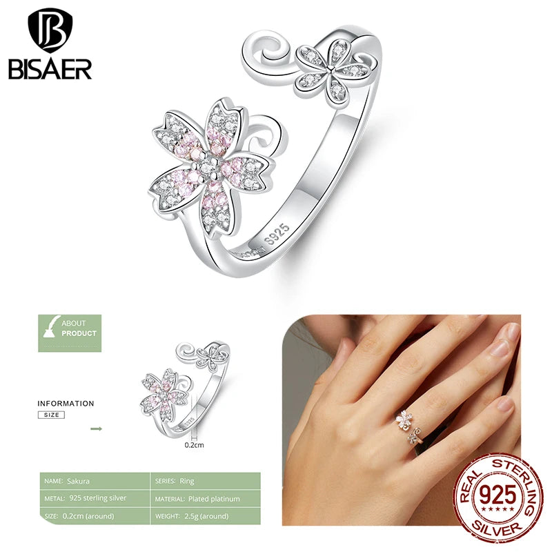 Sterling Silver Floral Bird Open Ring Flower Band, Adjustable Size 5-9, for Women