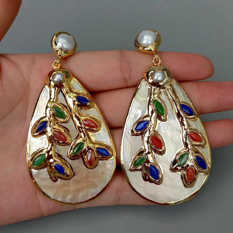 Gold Plated Multi Color Agate Drop Earrings for Women