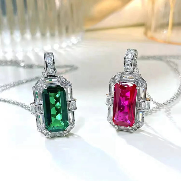 Wong Rain Vintage 925 Sterling Silver 8*16 MM Ruby Emerald High Carbon Diamond Gemstone Pendant Necklace for Women Jewelry