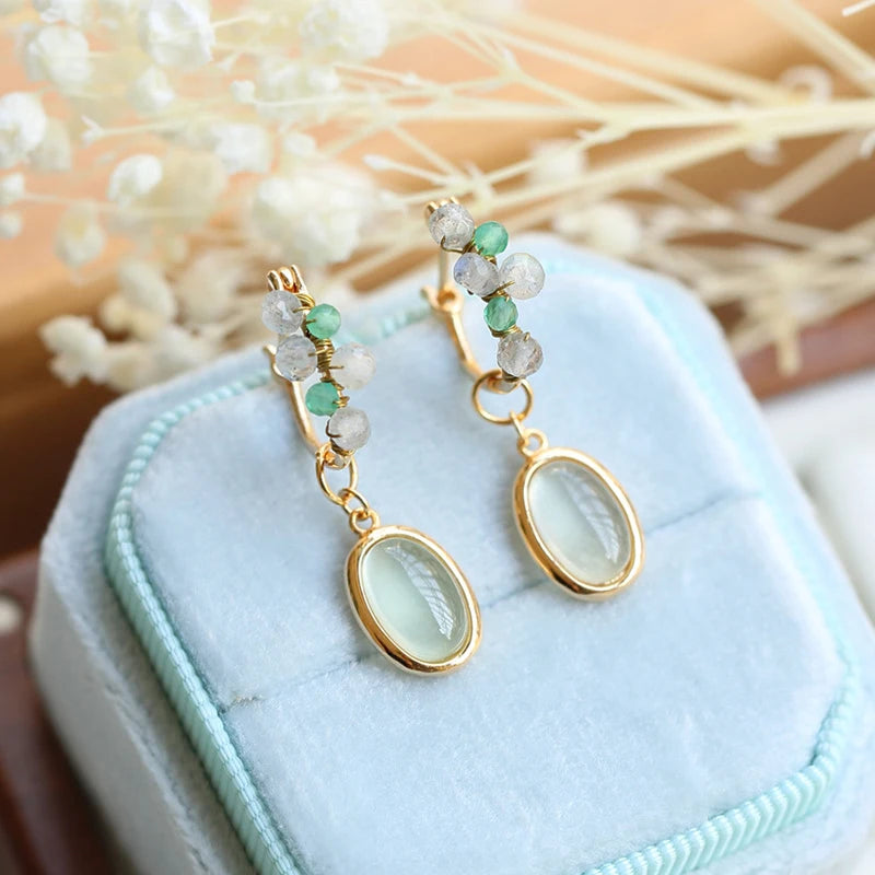 925 Sterling Silver Gold Plated Prehnite Dangle Earrings for Women