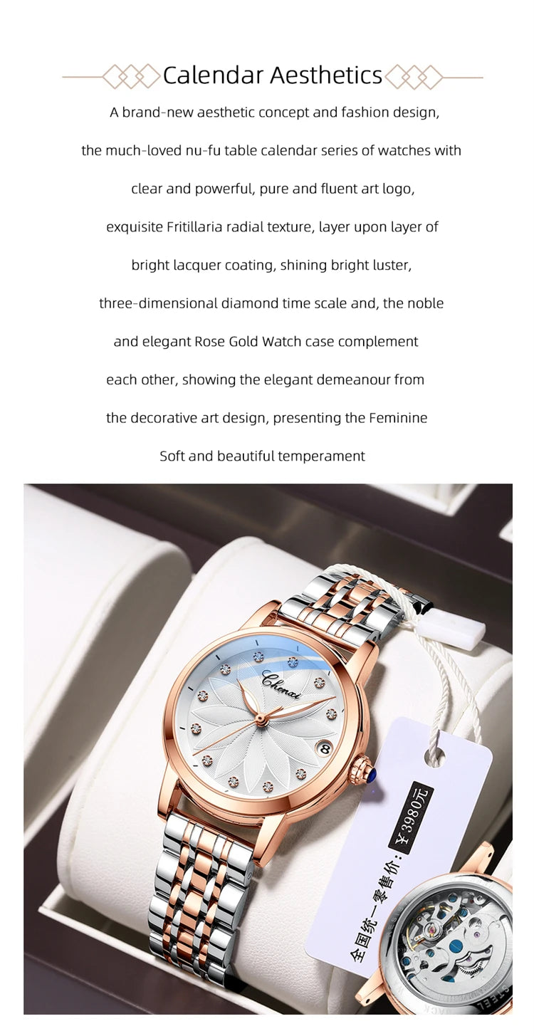 Stainless Steel Diamond Automatic Waterproof Luminous Calendar Watch for Men