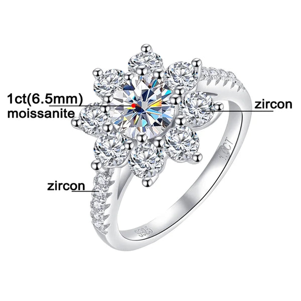 925 Silver 18K Plated Moissanite Sunflower Ring for Woman