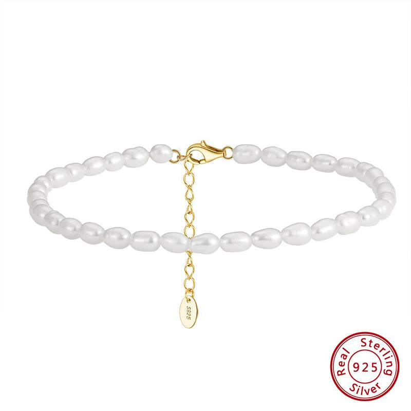 925 Sterling Silver Natural Rice Pearls Anklets for Women