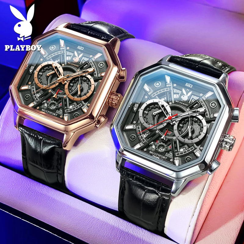 Stainless Steel Leather Strap Multifunction Quartz Watch for Men.