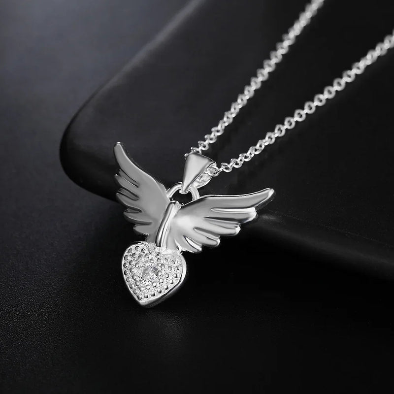 Sterling Silver 18 inches Zircon Heart Wings Pendant Necklace for Women