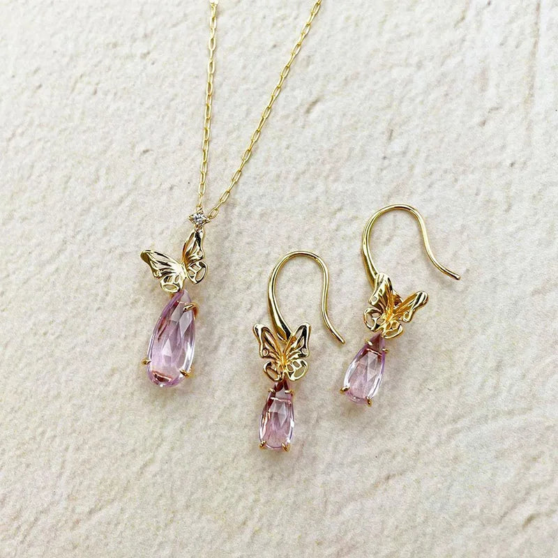 925 Sterling Silver Gold Plated Amethyst Crystal Butterfly Dangle Earrings for Women