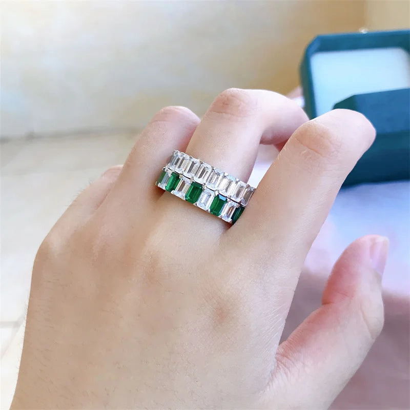 Sterling Silver Wedding & Engagement Ring with Emerald & Moissanite for Women