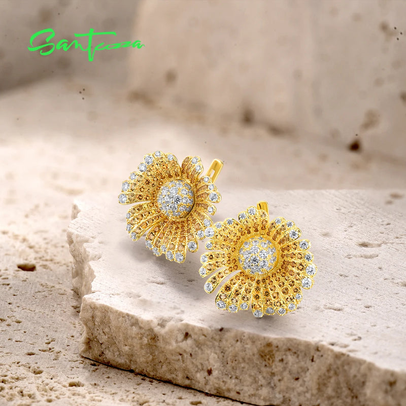 Sterling Silver White Nano Crystal Sun Flower Earrings for Women