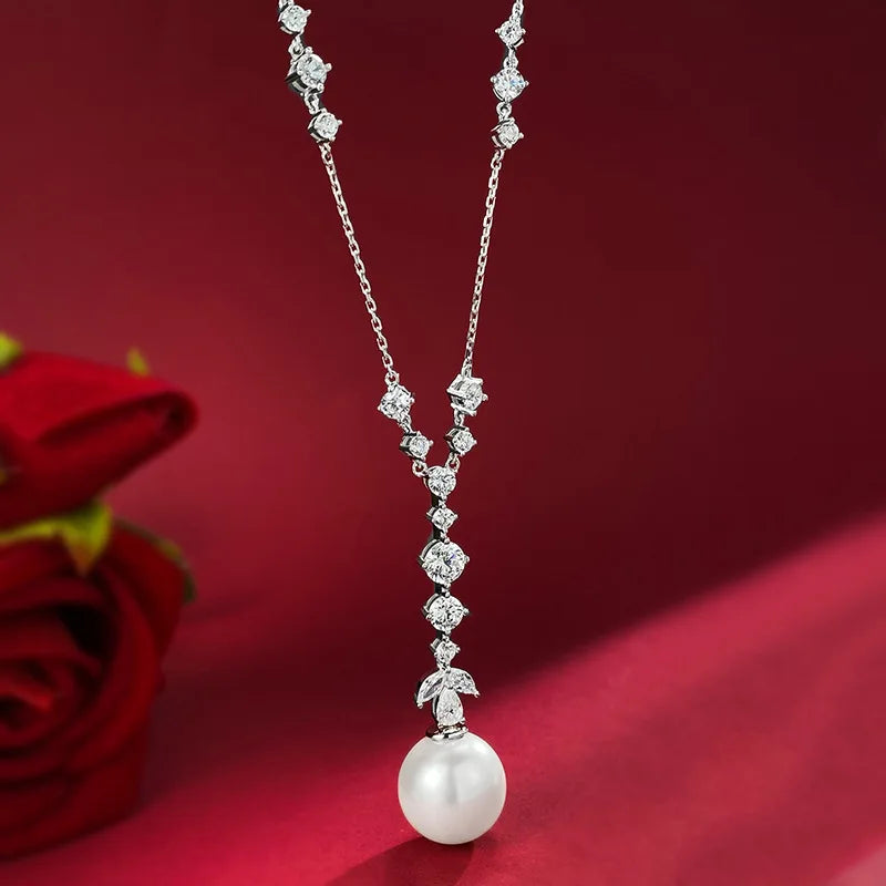 925 Sterling Silver Pearl Necklace with High Carbon Diamonds for Women