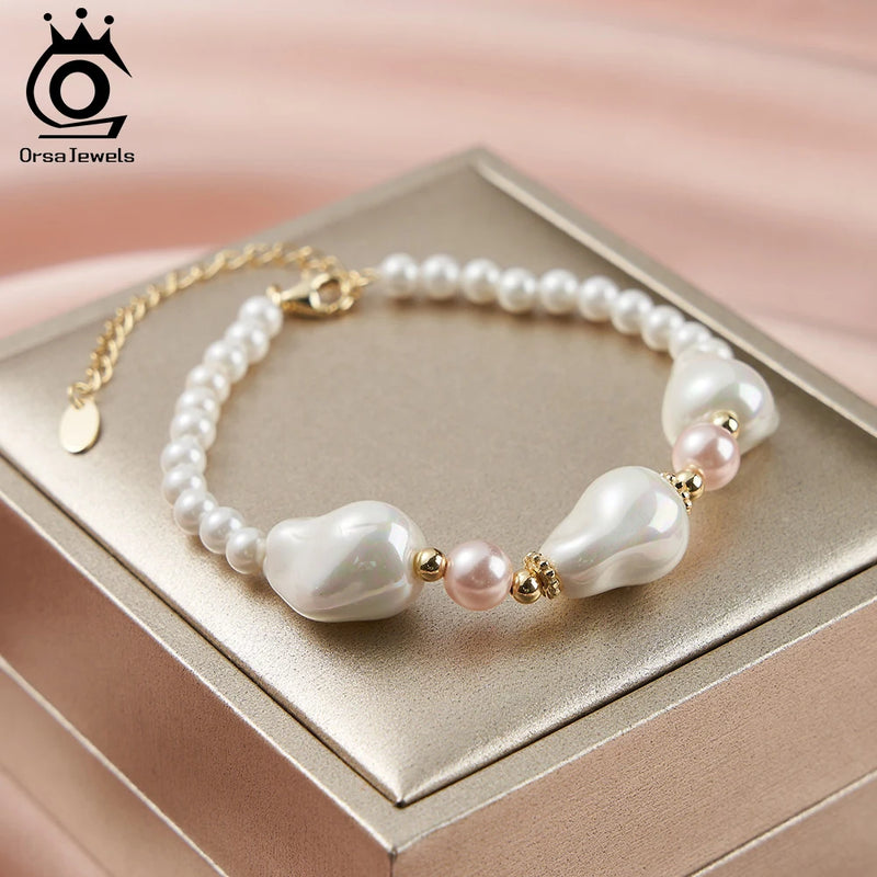 14K Gold Irregular Shell Pearl Chain Bracelet for Women