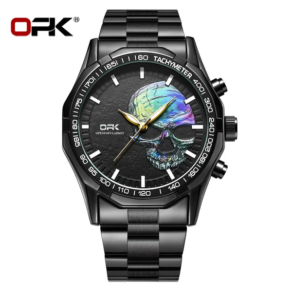 Stainless Steel Classic Skull Embossed Quartz Watch with Night Glow for Men