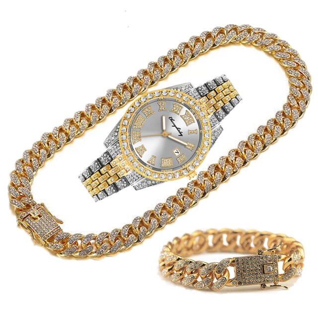 14k Gold Iced Out Watch with Cuban Link Chains Bracelet and Necklace Set for Men