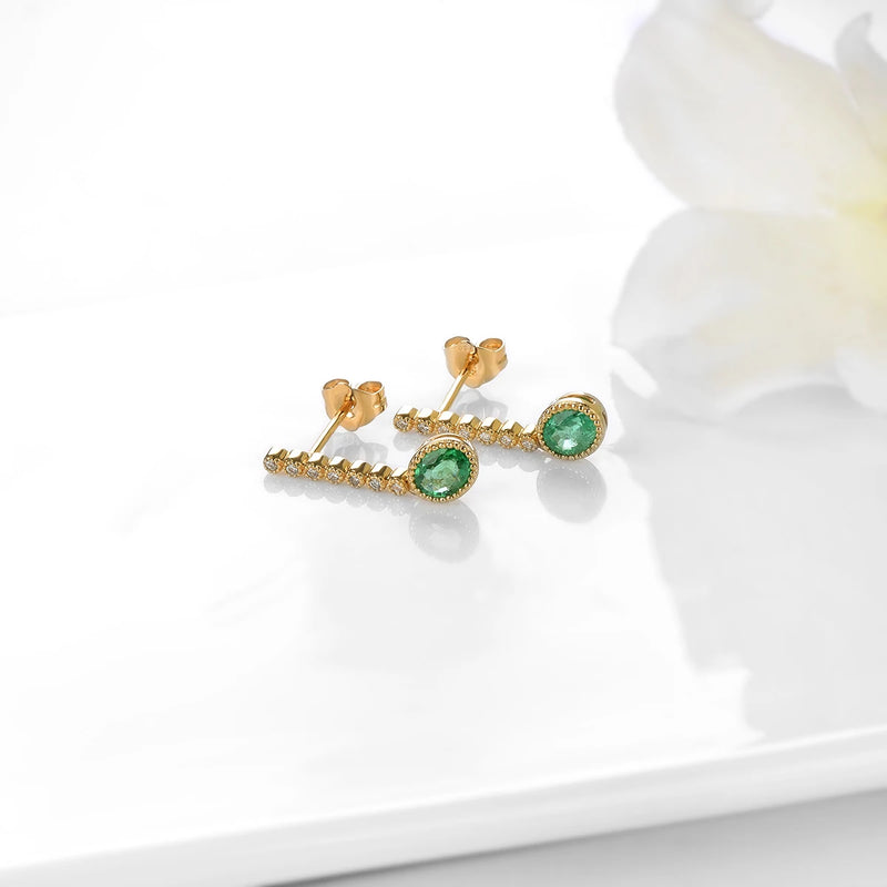 18K Yellow Gold Emerald and Diamond Earrings for Women