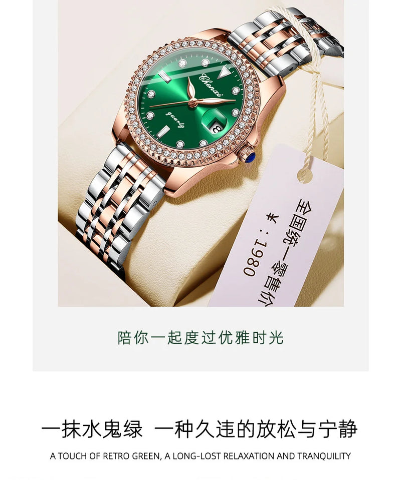 Stainless Steel Diamond Luminous Waterproof Watch for Women